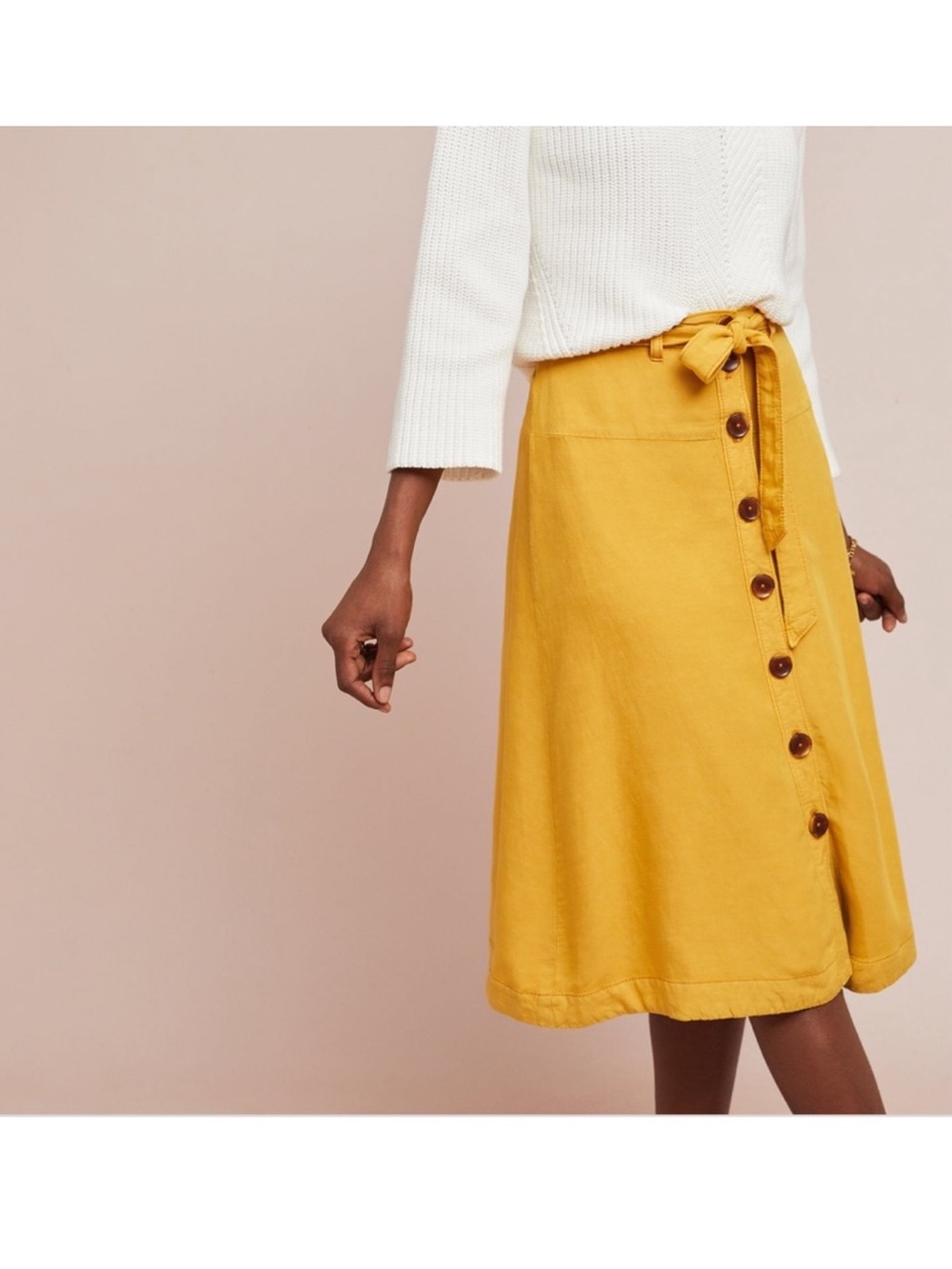 Anthropologie Maeve Mustard Yellow Button Front Midi Skirt Tie Waist Size 16